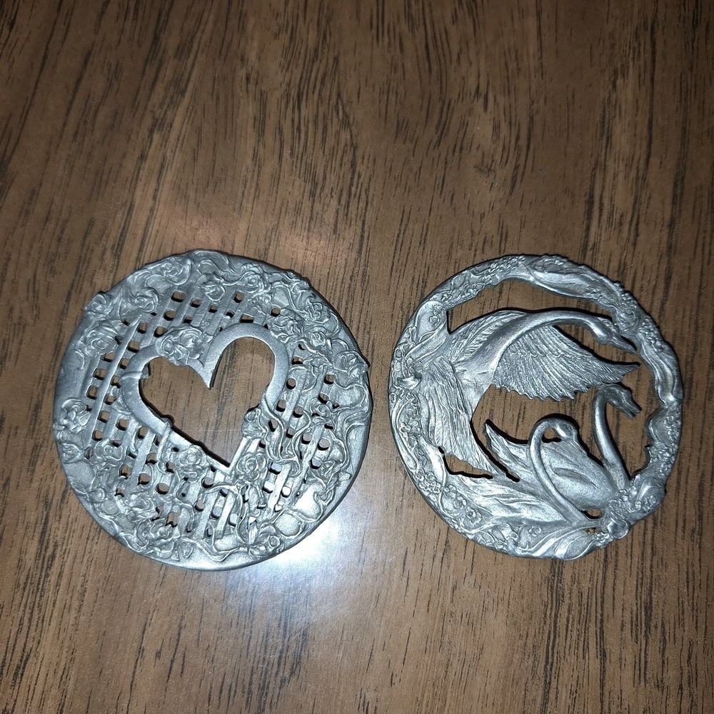 Vintage Rawcliffe Pewter Lot Swans & Heart  2.5" Potpourri Jar Lid Topper